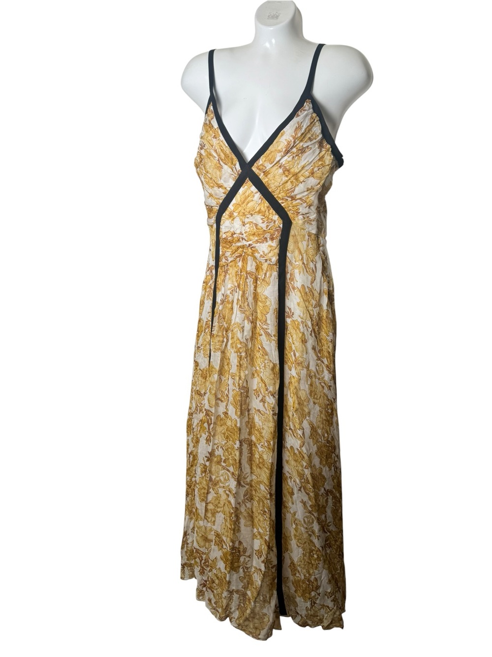 New Zara Printed Ecru Yellow Black Trim Dress - Picture 4 of 13